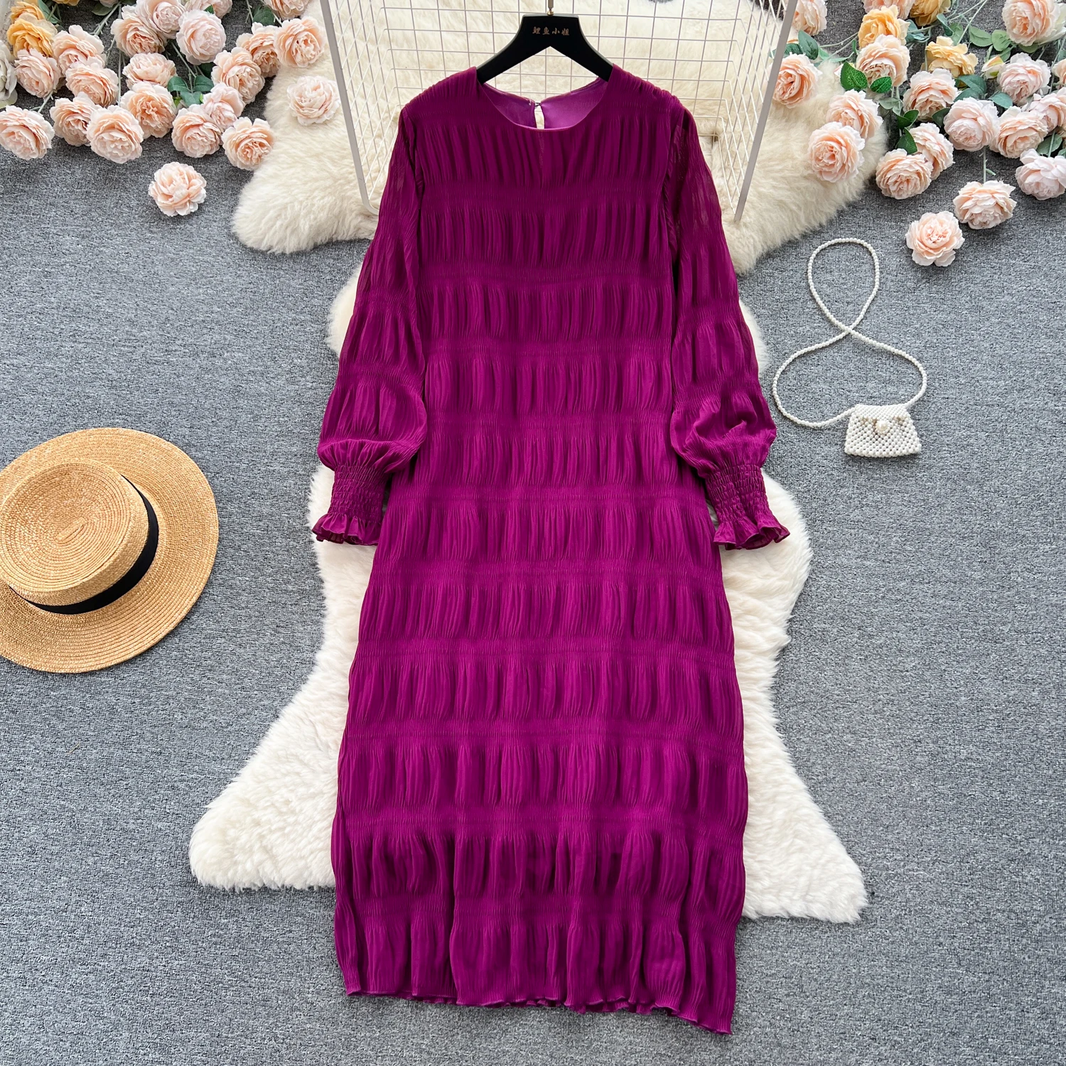 Autumn Vintage Women Draped Loose Midi Dress Elegant Round Collar Puff Long Sleeve Robe Casual Yellow/Burgundy/Green Vestido New