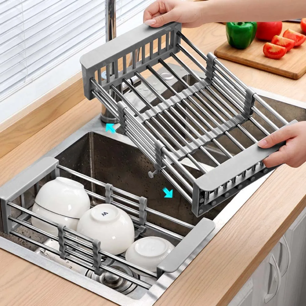 Retractable Stainless Steel Kitchen Sink Shelf Dish Rack Adjustable Sink Rack Kitchen Dish Holder Fruits Vegetable Drainer Tool