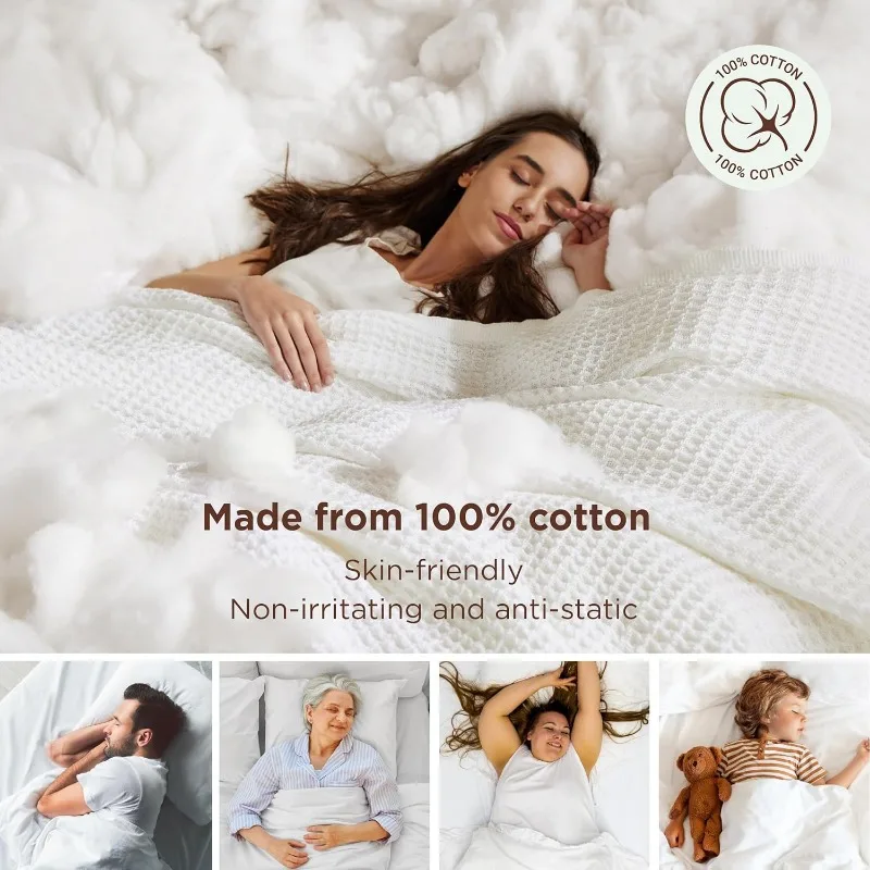 100% Cotton Blanket Queen Size for Bed - Breathable and Soft, Waffle Weave Blanket for Summer Spring, White, 90x90 Inches