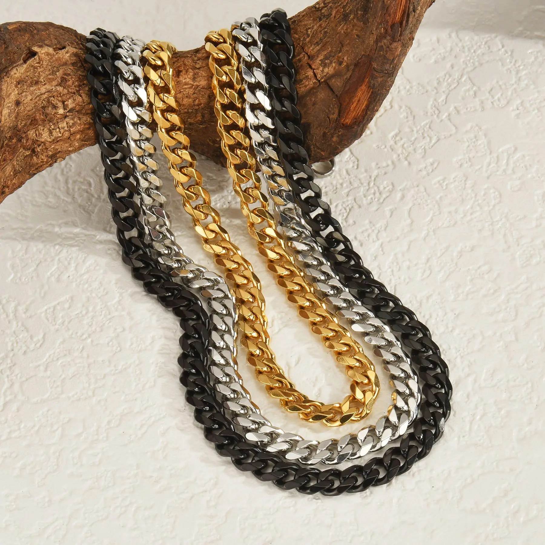 Kissmoon Trendy Stainless Steel 3 Color Thick Cuban Link Chain Necklaces For Men Women Punk Rock Hip-hop Party Jewelry Wholesale