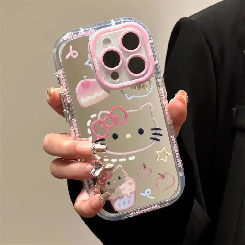 Kawaii Sanrio Hello Kitty Melody Makeup Mirror Phone Case For iPhone 16 14 13 12 11 15 Pro Max Lovely Hard Shockproof Back Cover