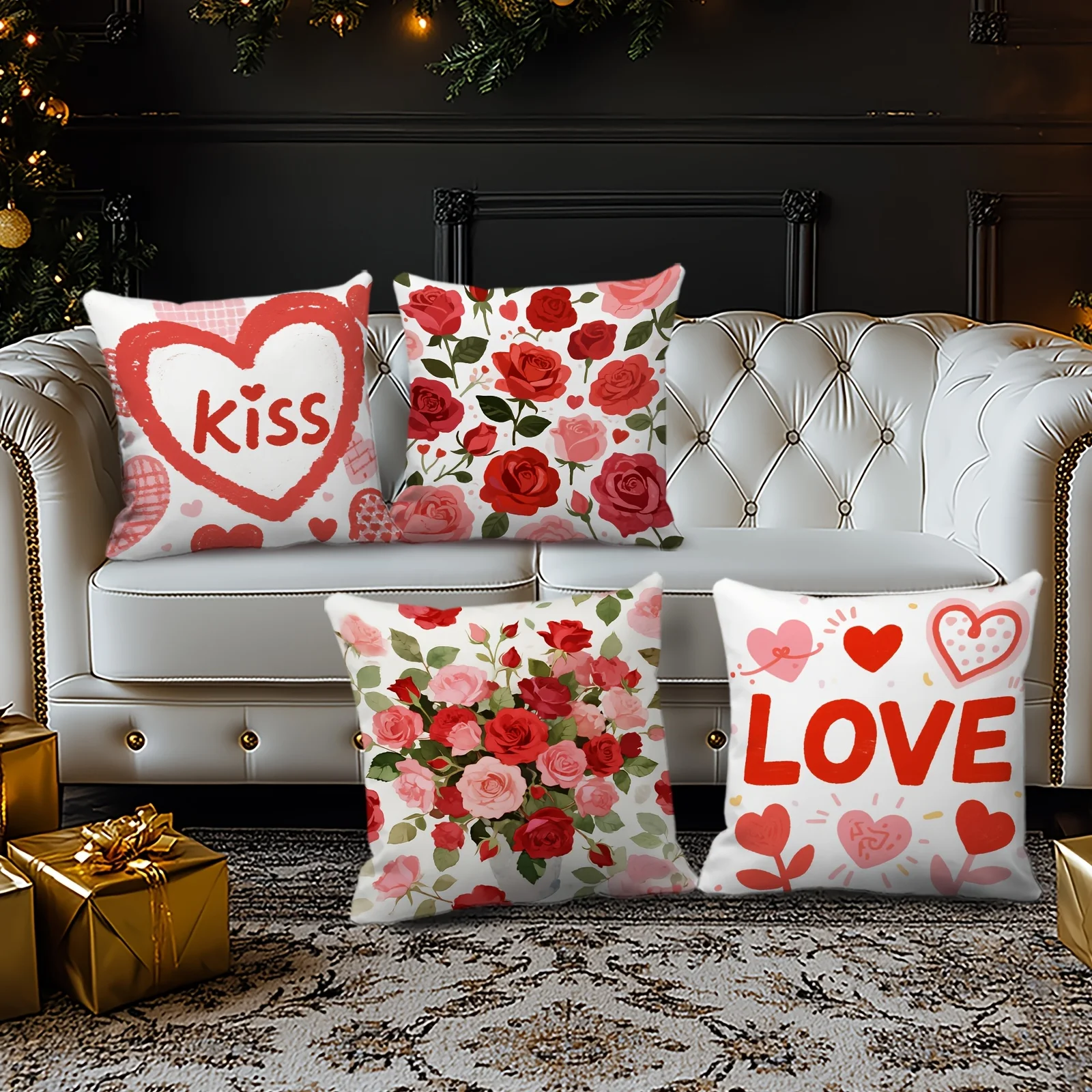 4pcs Red rose with a heart shape Single-sided printing Short plush Suitable living rooms bedrooms sofas (excluding pillow cores)