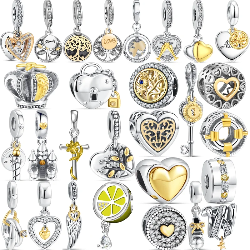 

Authentic 925 Silver Gold Shine Stars Tree Crown Castle Heart Pendant Fine Bead Fit Original Pandora Charms Bracelet DIY Jewelry