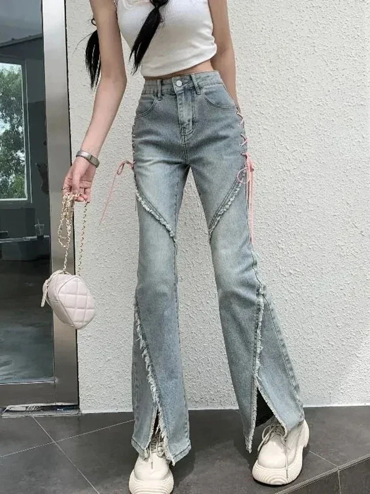 الكورية الشارع الشهير عادية واسعة الساق بنطلون Y2K خمر عالية الخصر مضيئة الجينز المرأة موضة ضمادة شق سليم الدينيم السراويل الصيف