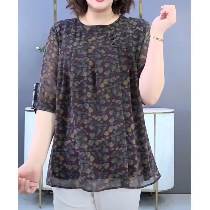 Korean Fashion Summer Women's O-Neck Print Patchwork Button Simplicity Versatile Loose Half Sleeve Mid-length Chiffon Shirt Top