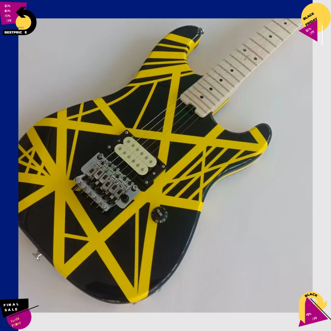 Electric Guitar STT Solid Body Black Base Yellow Irregular Bumblebee Stripes Bridge Single Pickup Double-Locking Trem