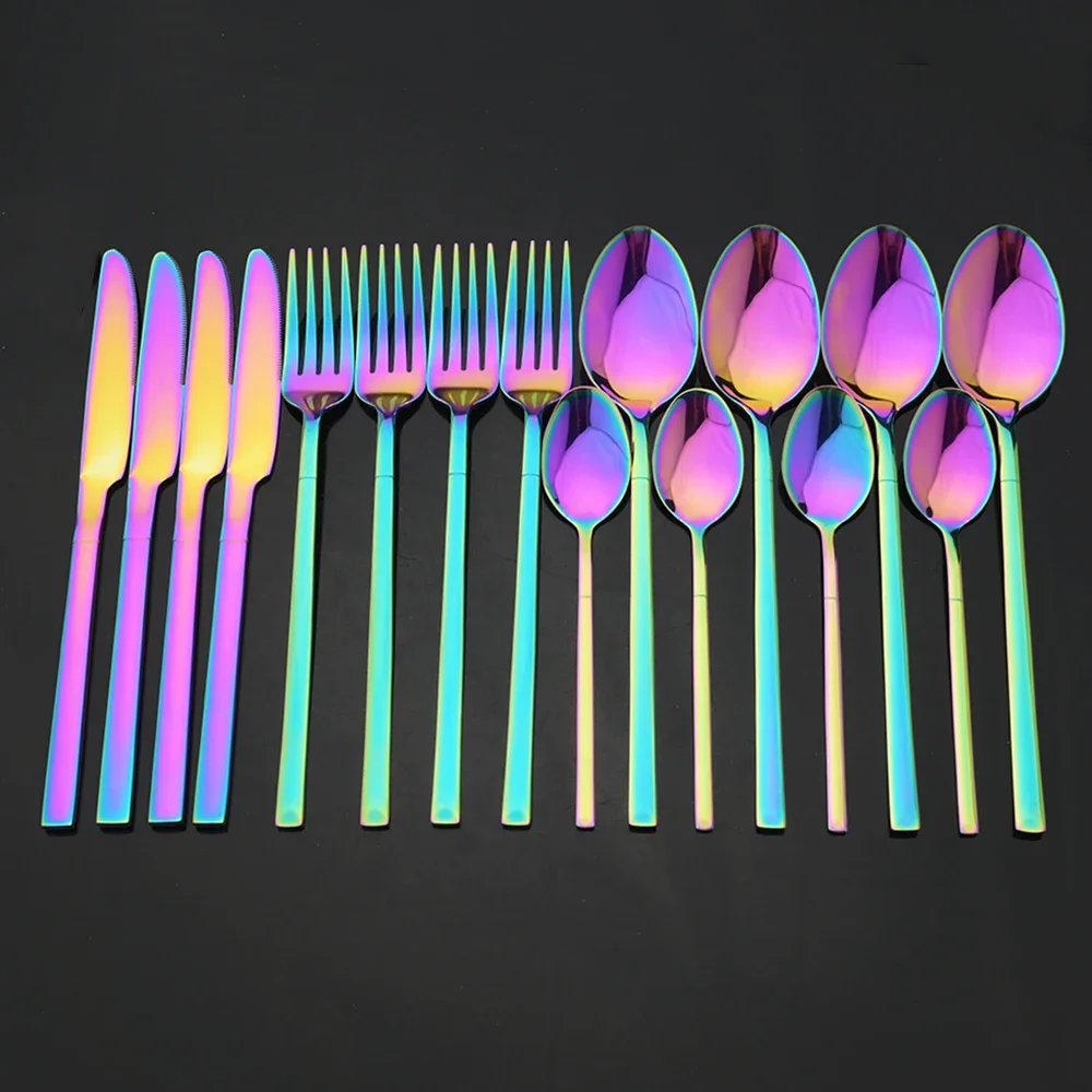 16Pcs Stainless Steel Dinnerware Set Rainbow Cutlery Spoon Fork Knife Western Cutlery Silverware Flatware Tableware Supplies