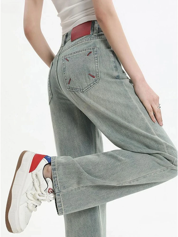 

Streetwear Embroidered Straight Denim Pants Women Casual Vintage High Waist Jeans New Korean Wash Kot Pantolones Chic Vaqueros