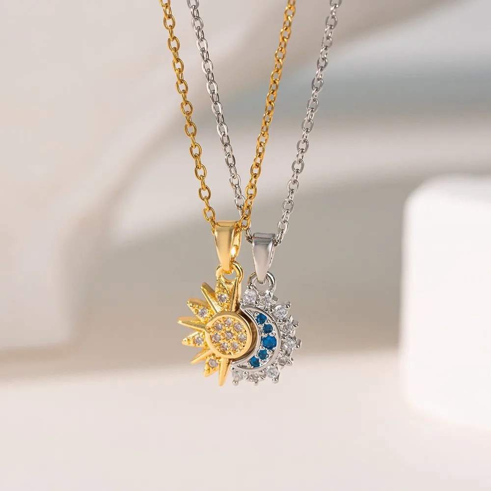 2pcs Set Cute Romance Stainless Steel Zircon Star Moon Embrace Pendant Necklace for Women Men Anniversary Gift Friend Jewelry