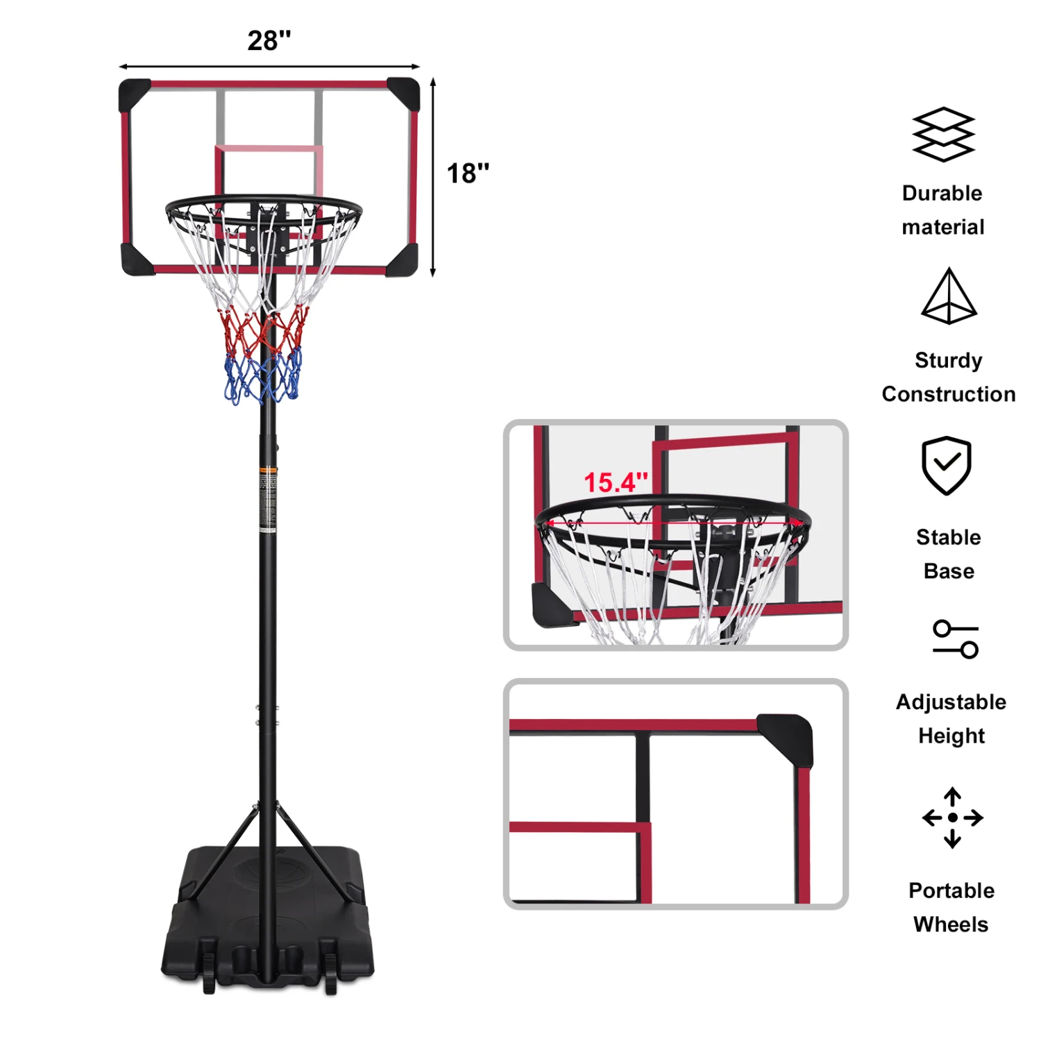 Sistema porta da basket portatile ad altezza regolabile per giovani - Base stabile, uso interno/esterno, tabellone da 28", ruote - 5,6-7 piedi