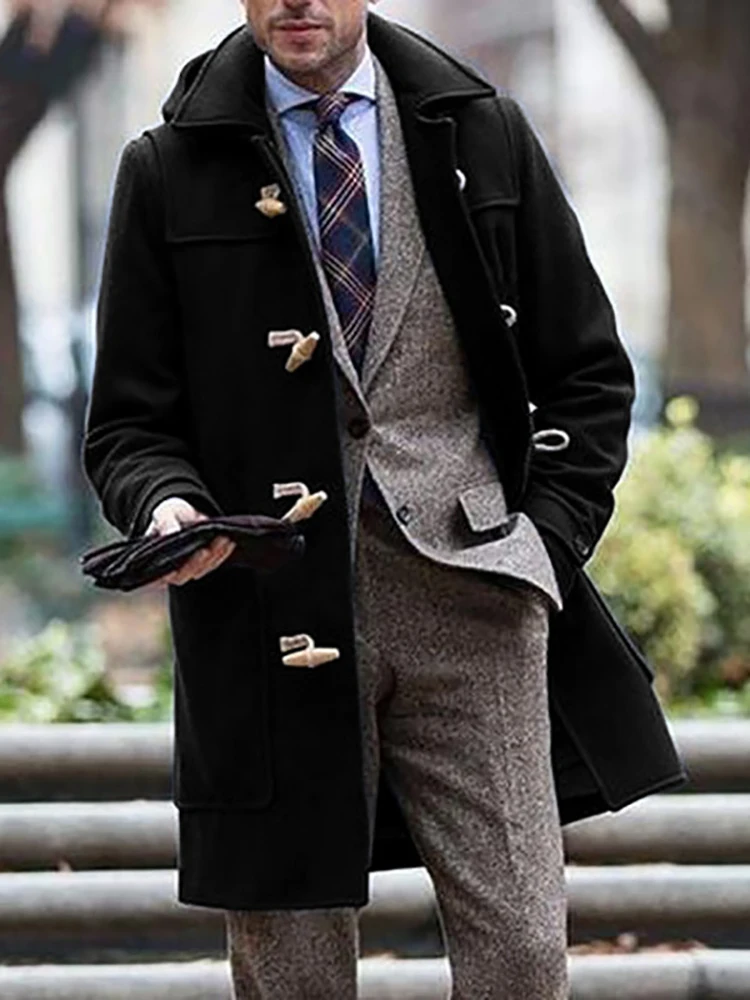 Men's Stylish British Toggle Button Lapel Mid-Length Outerwear Solid Long Sleeve Multiple Pockets Keep Warm Winter Long Coats