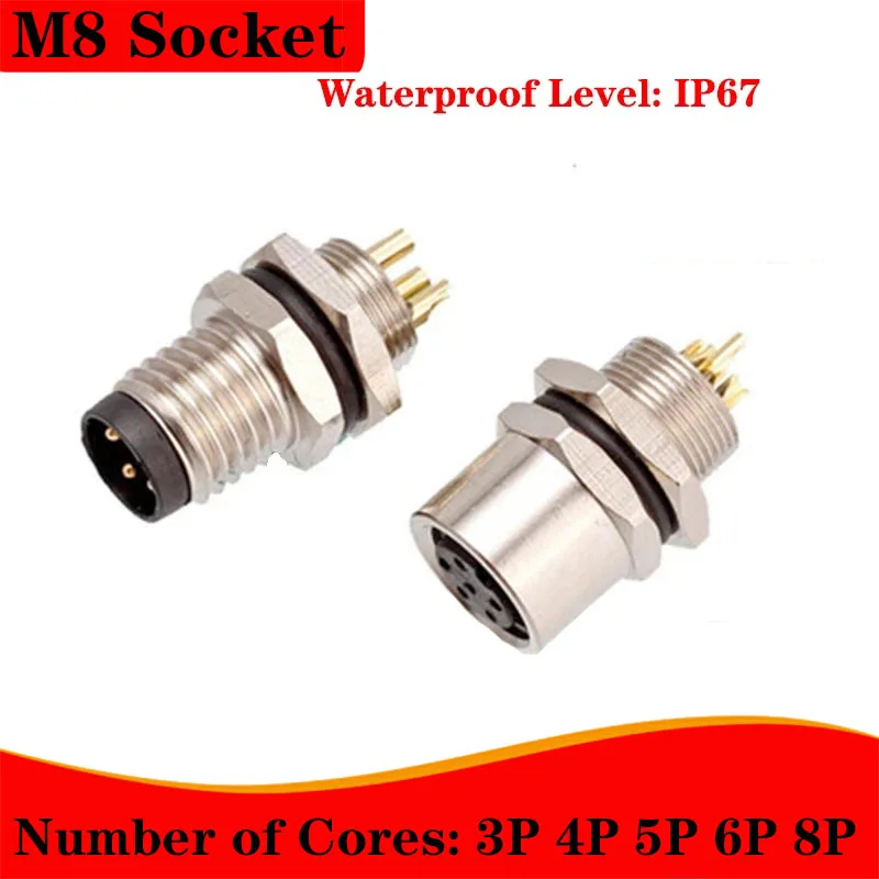 

M8 Male Female Fixed Socket Waterproof IP67 3P 4P 5P 6P 8 Pin Front Panel Rear Panel Lnstall Cable Welding Connector