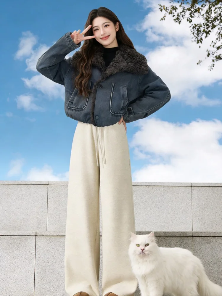 

Korean Sle Lamb Fur Patchwork Denim ort Jaet Women Winter New Loose Slimming Thi Warm Cotton Coat Clean Fit Oversize
