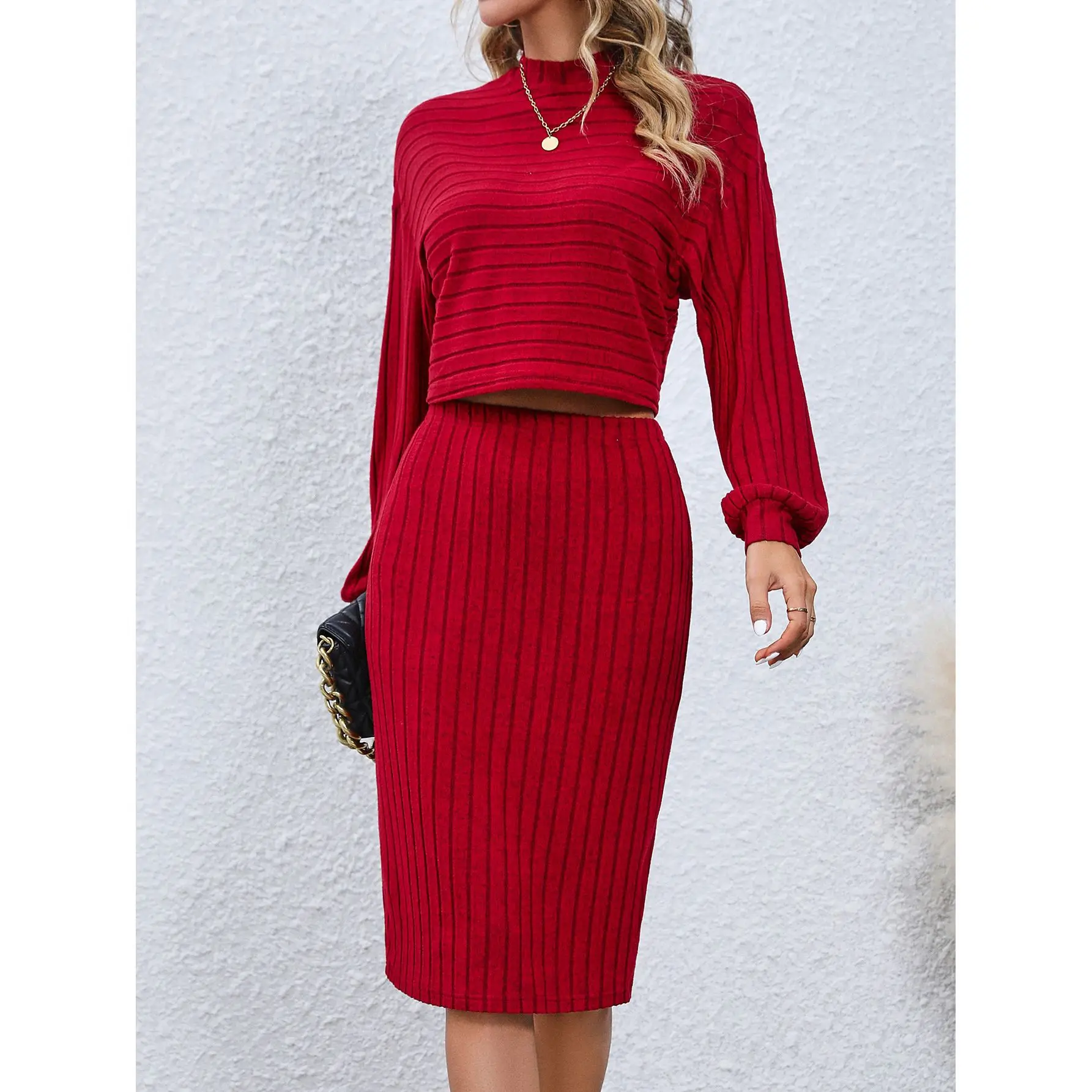 2024 New Arrivals Matching Sets Long-sleeved Top Solid Color Hip Skirt Two-piece Set Women\'s Clothing