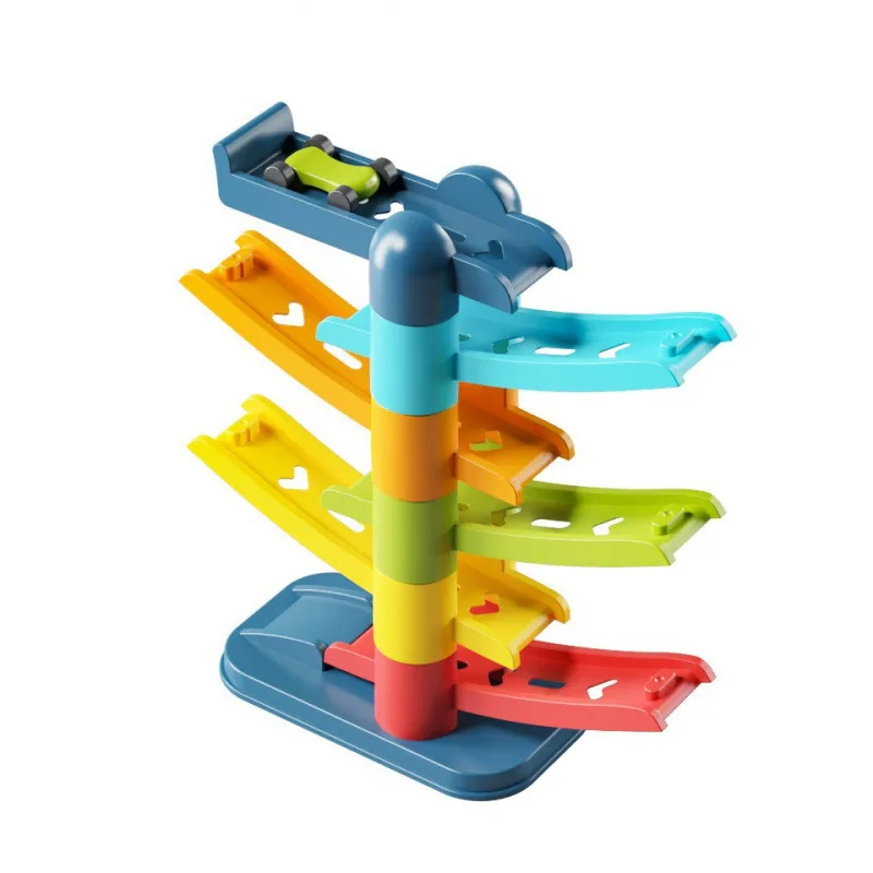 รถไฟของเล่นการ์ตูนข้ามพรมแดนแบบใหม่ รถรางเลื่อนหลายชั้น สไลด์หลากสีสัน มอบเป็นของขวัญวันเกิดสุดพิเศษสำหรับเด็กผู้ชาย