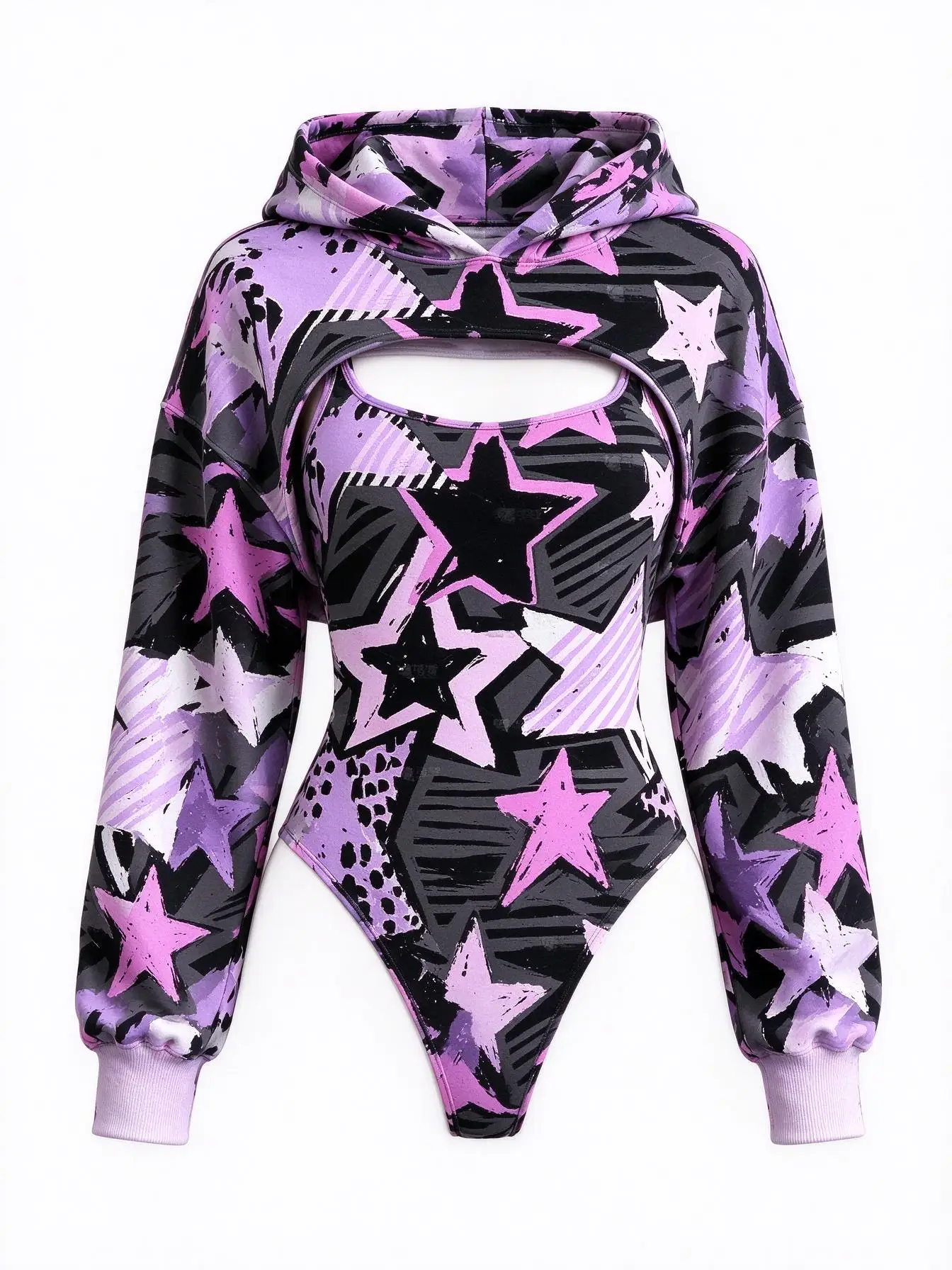 Trendy Y2K Printed Women Bodysuit Set, Oversized Hooded Shrug & Matching