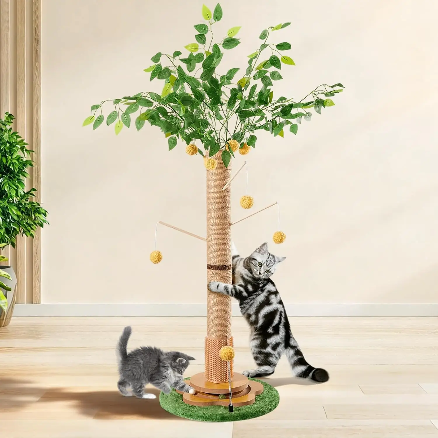 

45" Tall Cat Scratching Post with Sisal Rope for Indoor Cats Adults Kittens, Cat Tree Scratcher with Hanging Balls, Self