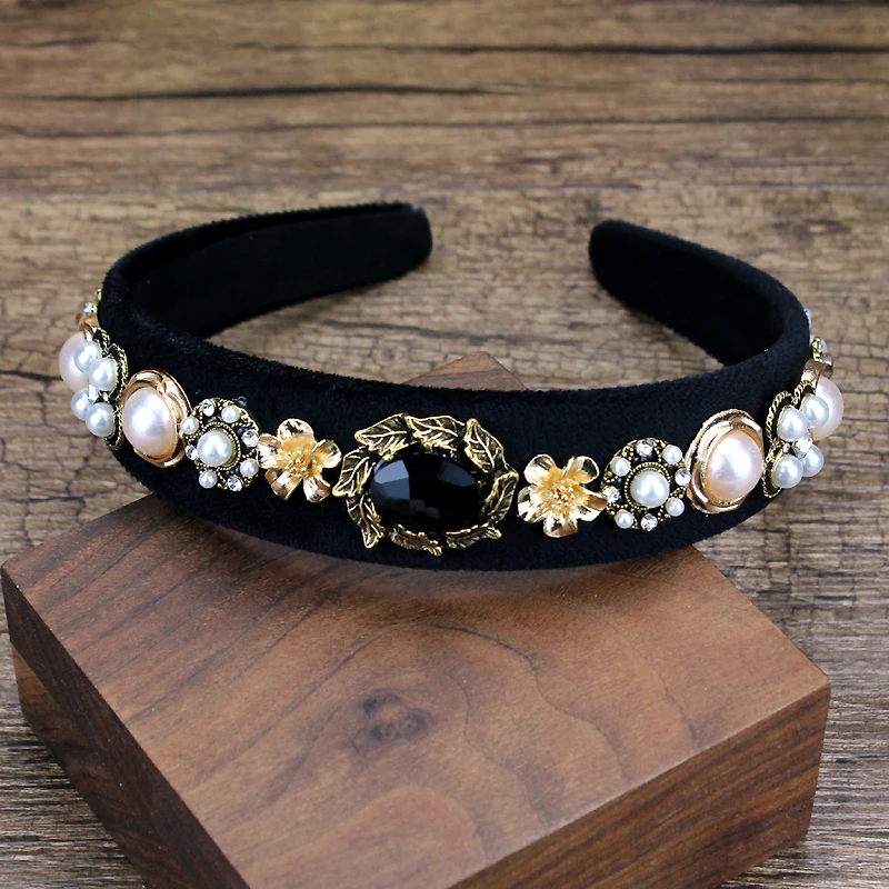 Handmade Leaf Vintage Hairbands Black Green Crystal Stone Baroque Headbands For Women Pearl Hair Accessories