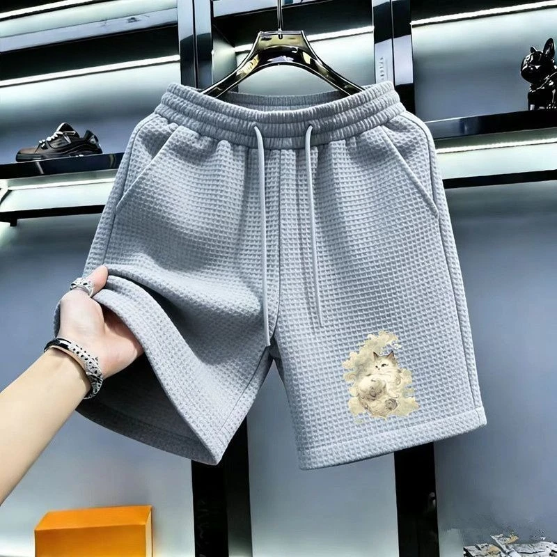 Trendy Waffle Pants Summer Cartoon Print Drawstring Wide Leg Short Sweatpants Women Five-quarter Pants Sports Basketball Bottoms