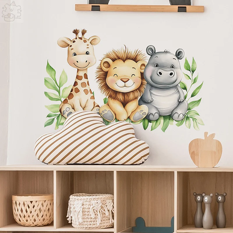 Cartoon Giraffe Lion Hippopotamus Wall Sticker Kids Room Bedroom Background Decoration Wallpaper Home Decor Self-adhesive Decals