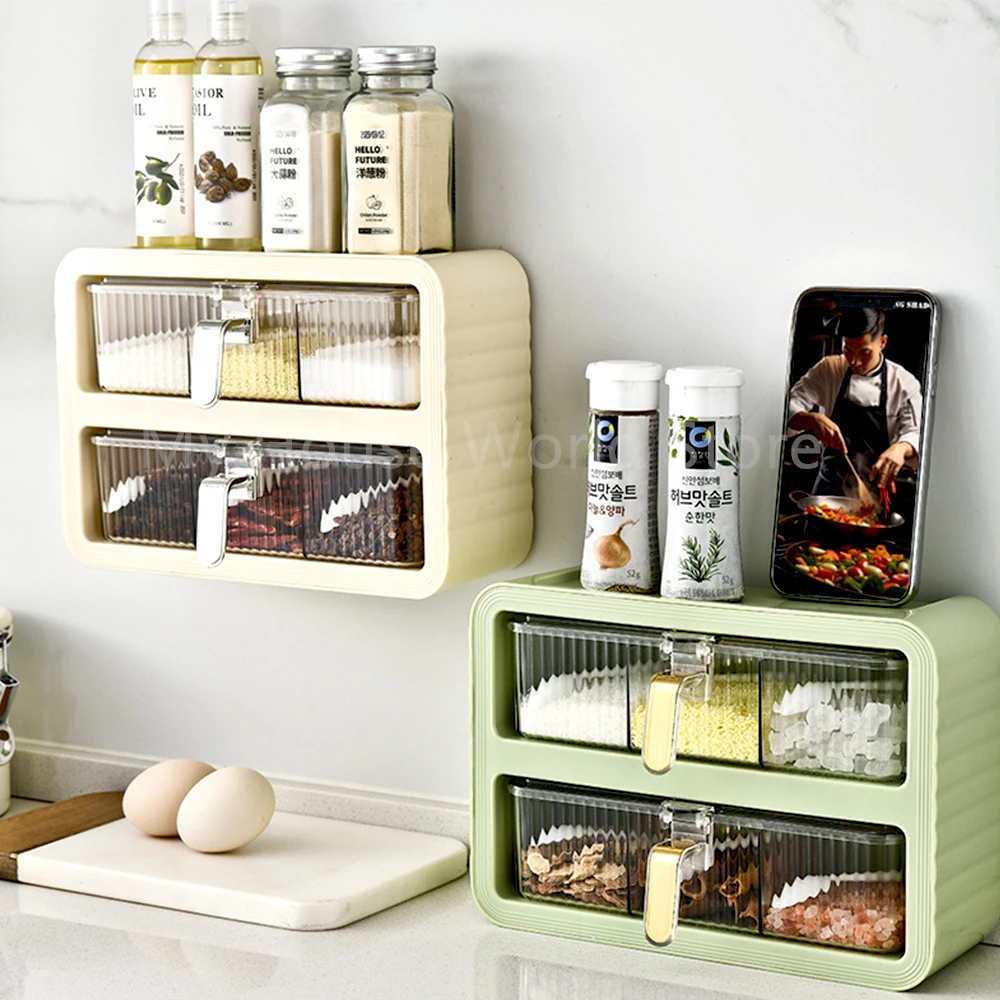 Kitchen Spice Racks Wall Mounted 6 Grids with 6 Spoons Salt Pepper Shaker Seasoning Rack Spice Jar Set Organizer Kitchen Storage