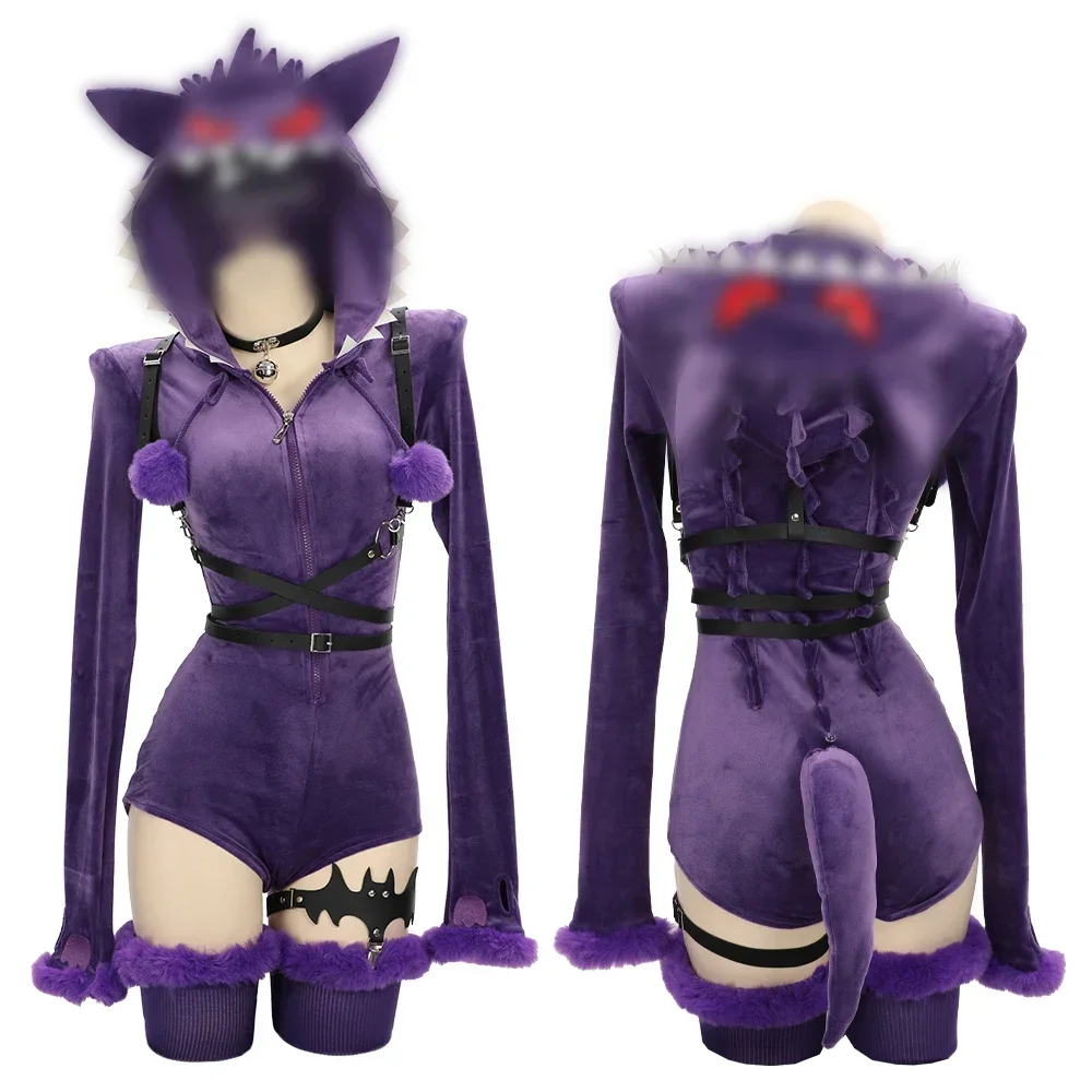 Meowcos Women Genga Cosplay Costume Halloween Purple Ghost Romper Bodysuit Plush Hooded and Socks with Belt and Tail