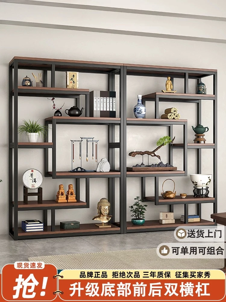 New Chinese antique rack, tea room storage rack, tea display cabinet, non-solid wood full-wall living room modern and simple O