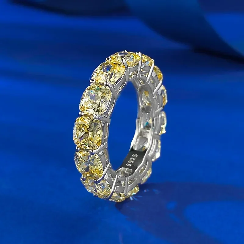 S925 Silver Fat Square 5 * 5mm Yellow Diamond Row Diamond Ring Stacked Diamond Ring Female Ins Style Ring