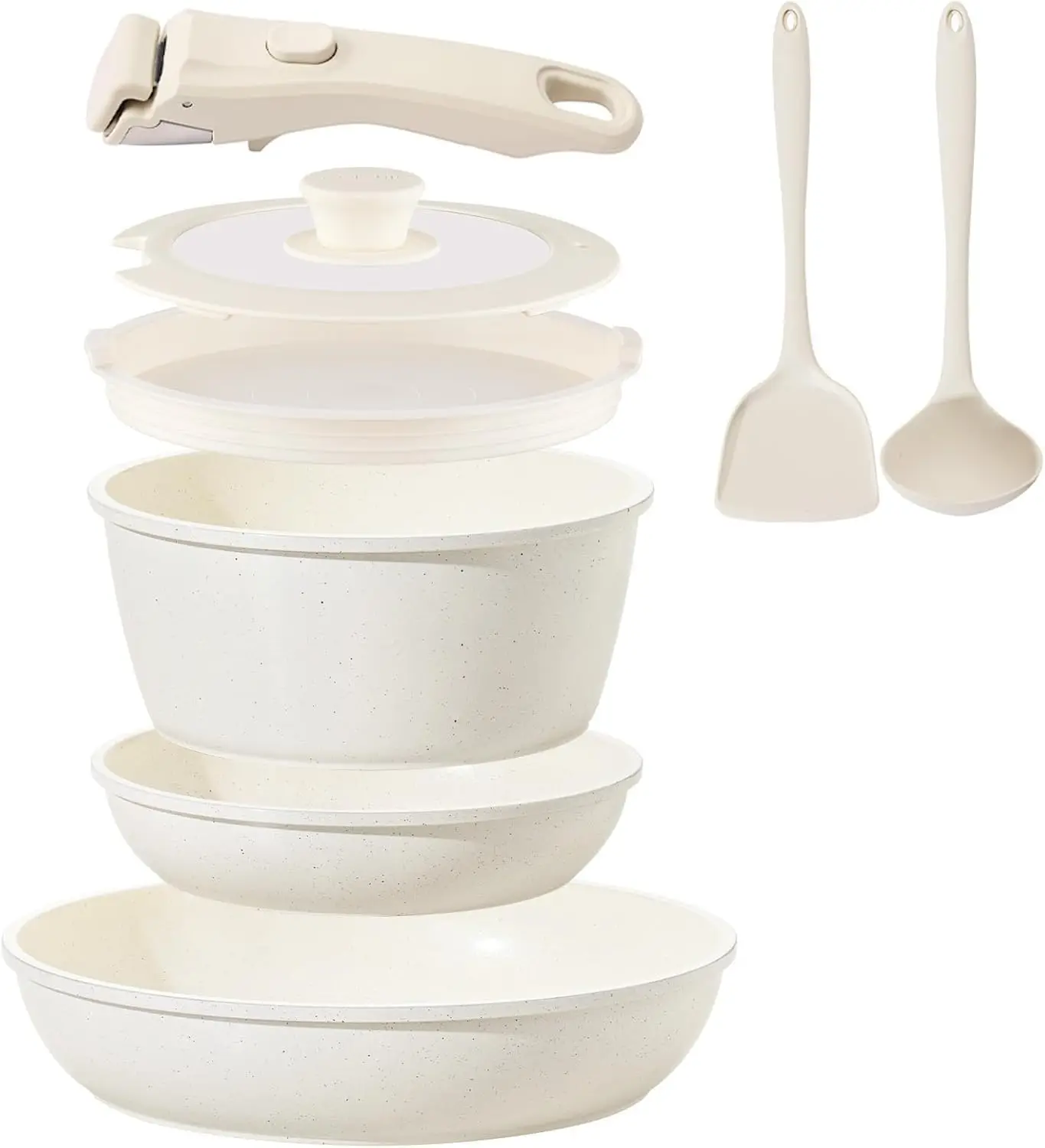 

8 Piece Nonstick Ceramic Cookware Set Detachable Handle Induction Oven Dishwasher Safe PFAS Free Cream