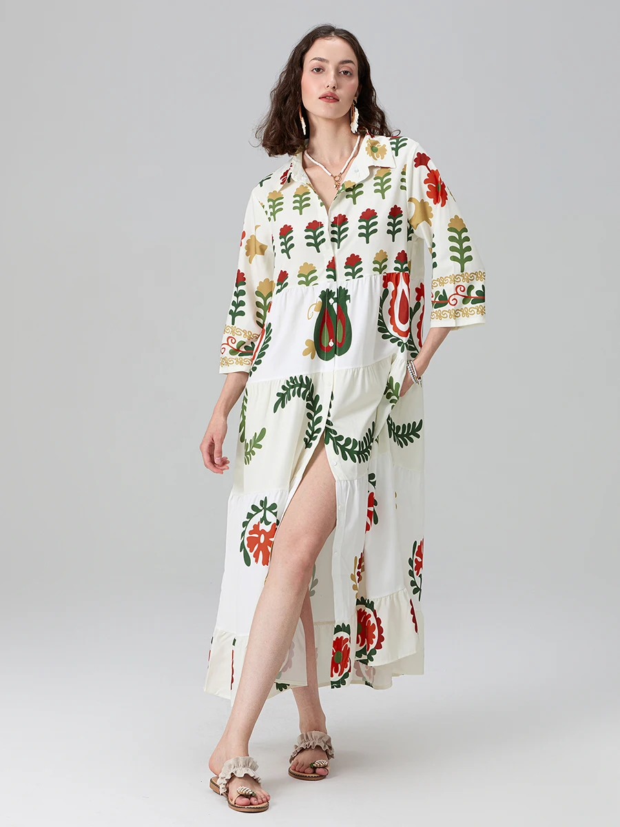 wsevypo Vintage Floral Print Loose Shirt Dress Women's Three Quarter Sleeve Laple Neck Loose Holiday Robes Flowy Long Dresses