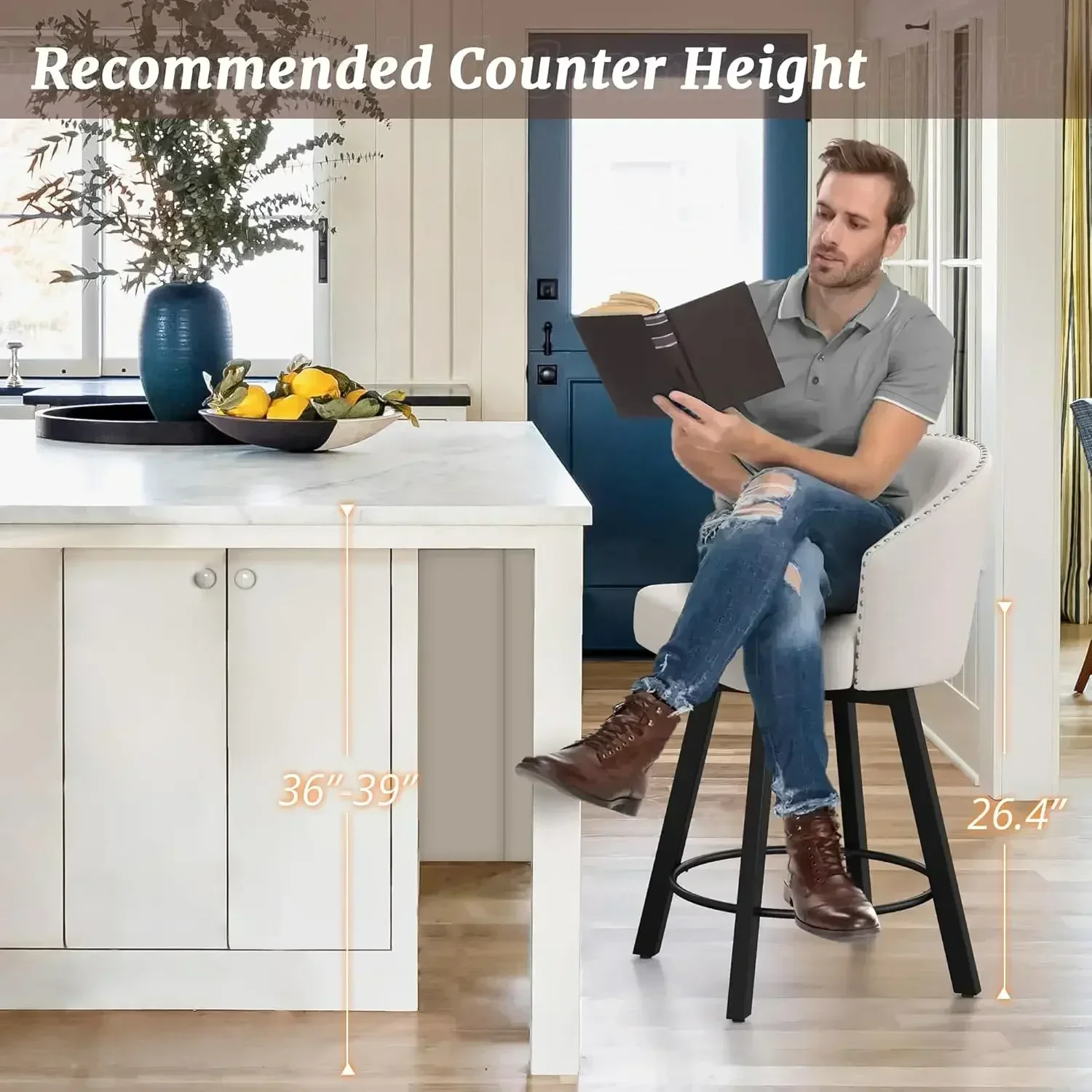 [Limited Time Offer, Buy Now!]Counter Height Bar Stools Set of 3, 26" Swivel Fabric Upholstered Bar Stools, Retro for Kitchen Is