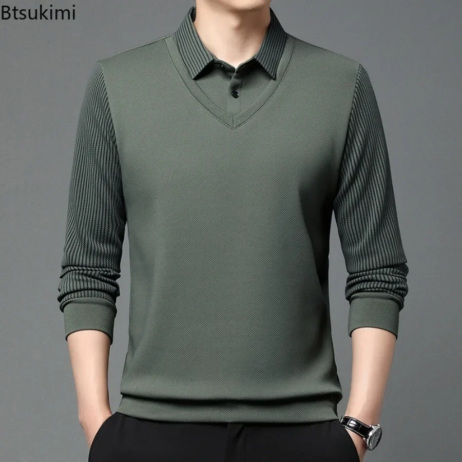 Fashion Fake Two-piece Men Long Sleeve Shirt Stripe Splice Lapel Loose Casual Pullover Tops 2024 Male Formal Business Polo Shirt