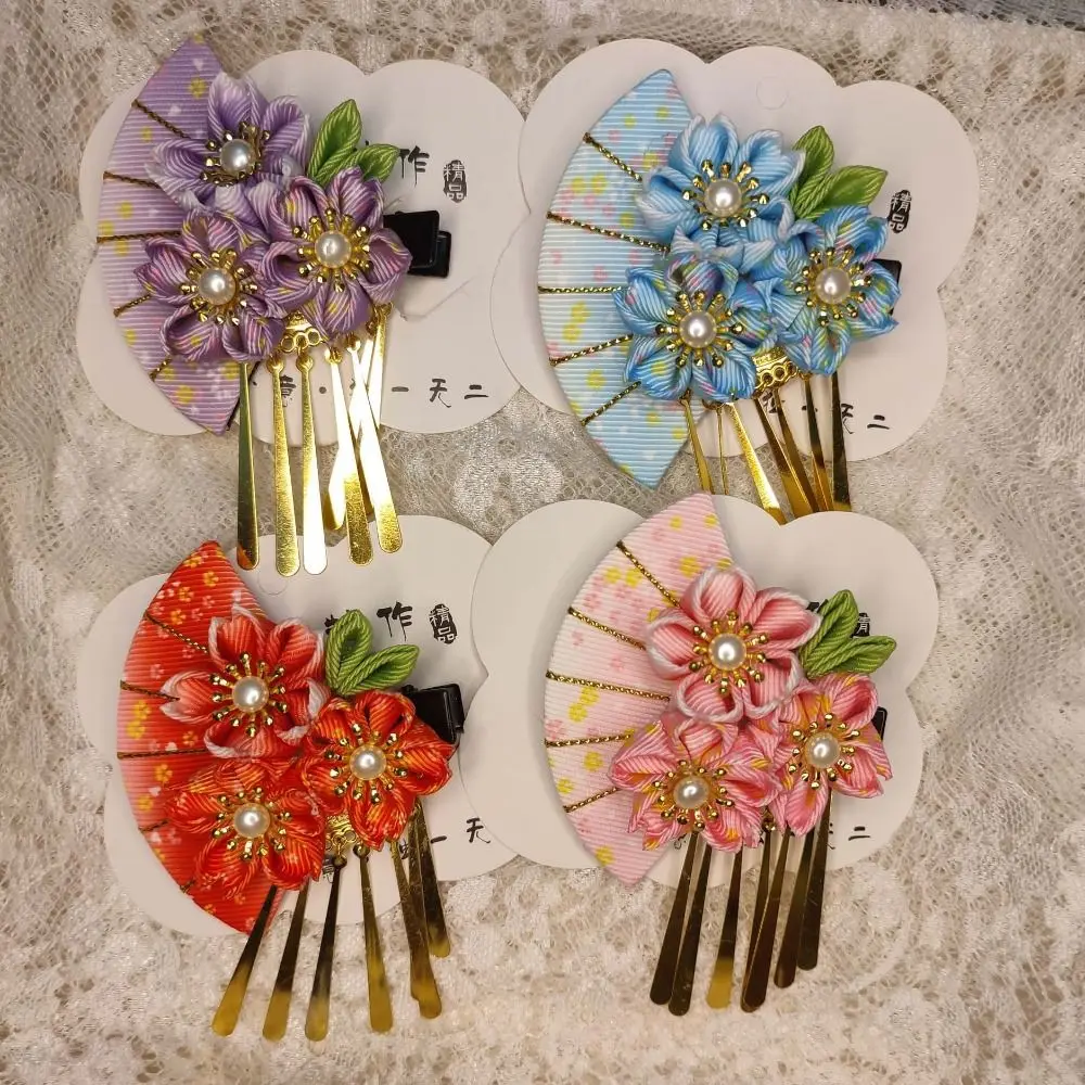 Sweet Tassels Tassel Fan Hairpin Flower Cloth Japanese Kimono Headwear Sakura Hanfu Fan Hair Clip Girls