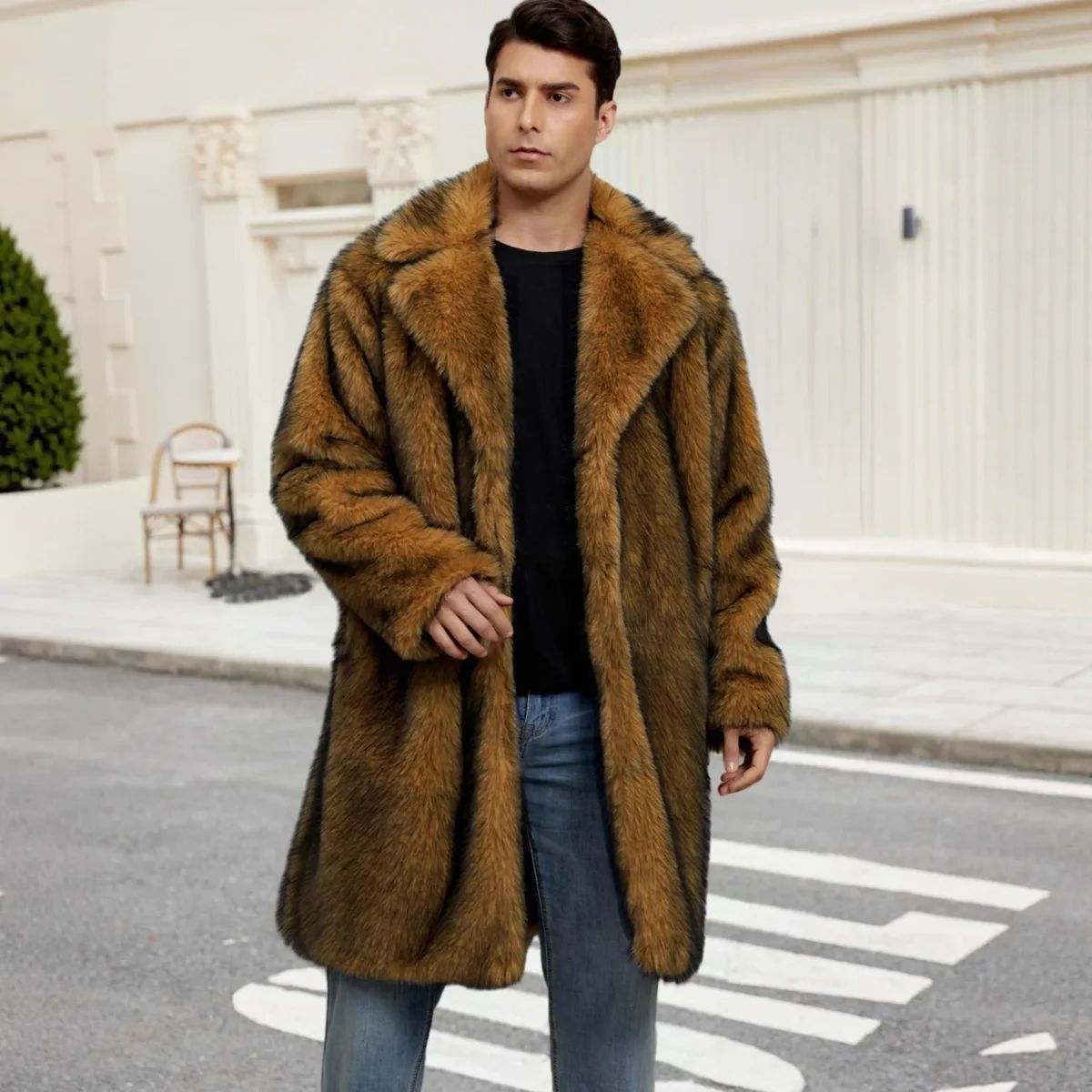 

2025 Autumn Winter Men Faux Fox Fur Coats Thick Overcoats Jackets Long Sleeves Turn Down Collar Open Stitch Straight Maxi Casual