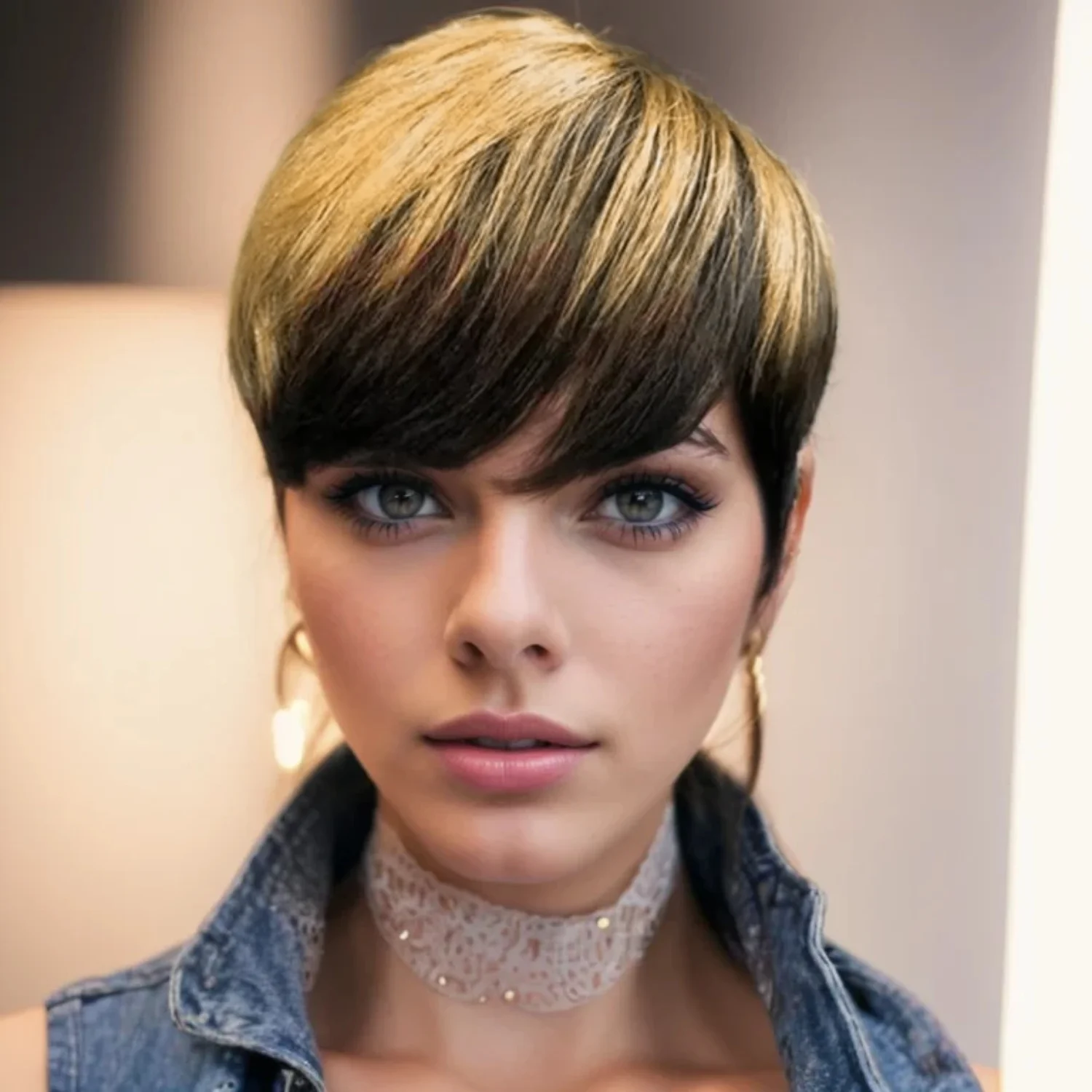 วิกผมทรงพิกซี่แบบสั้นเป็นชั้นๆ พร้อมหน้าม้า ผมแท้บราซิลแบบตรง ผลิตด้วยเครื่องจักรทั้งหัว สี 1B/27 สีที่กำลังเป็นที่นิยม