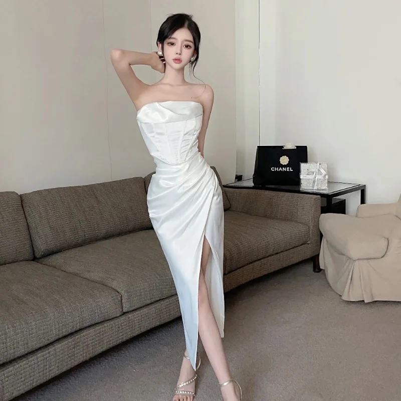 Sexy Off Shoulder Strapless Dress Elegant Ladies X-shape Fishbone Satin Party Banquet Dress Long Split White Birthday Dress