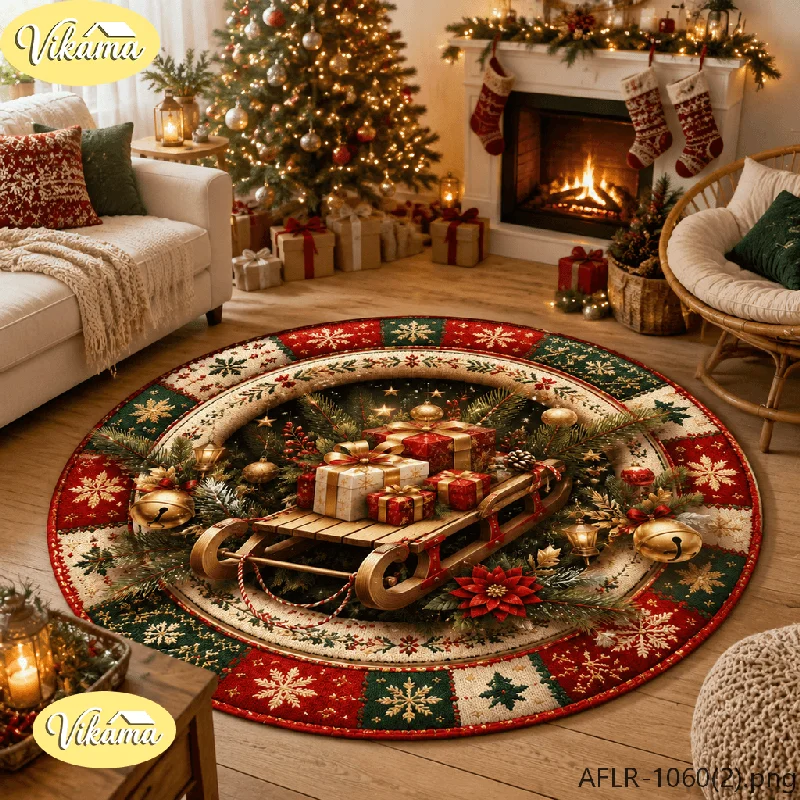 VIKAMA Christmas Hot Cocoa Patchwork Round Area Rug Anti Slip Absorbent Floor Mat for Living Room Entryway Holiday Home Decor