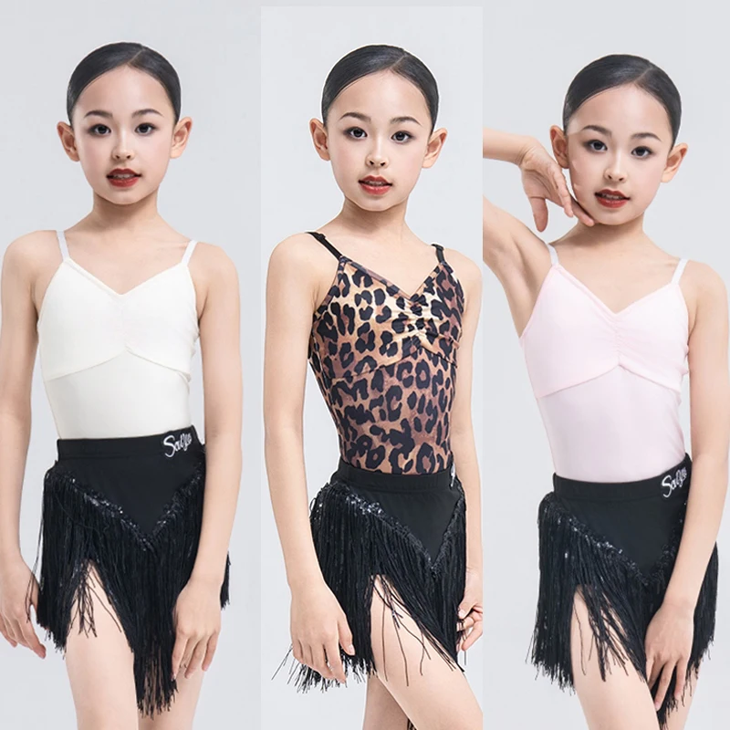 

3 Colors Suspender Latin Dance Costume Kids Dancing Performance Wear Girl Samba Tassels Skirt Split Set Practice Clothes XH2596