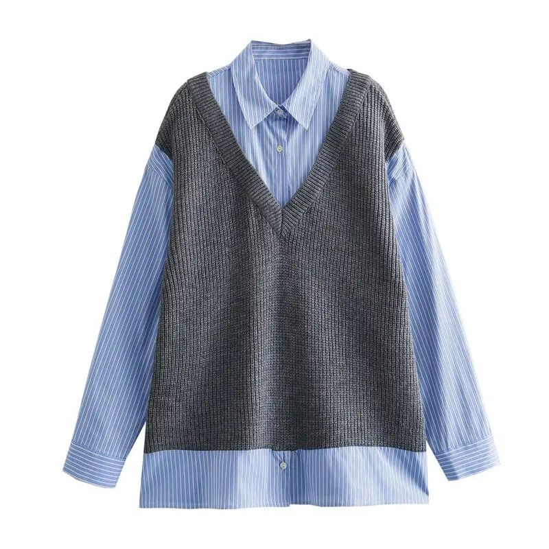 

Loose Casual Patchwork irt Sle Knitted Sweater Autumn New Arrival Women's Straight Tube Long Sve Collar Striped Top
