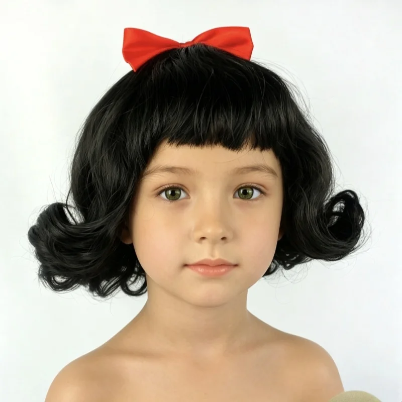 Lovely Girls Snow White Hair Wig Girls Dress Up Wig Princess Cosplay Hair Black Curly Hair Wig with Red Bow Kids Role Play Props