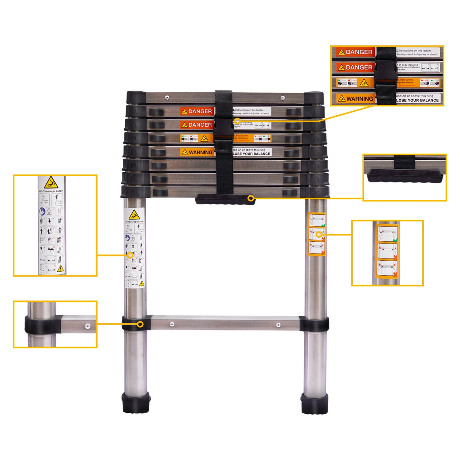 Telescopische ladder 2,6 m-5 m multifunctionele stalen uitschuifbare ladder met antislipvoeten, EN131 stevige loft inklapbaar voor zolderdak