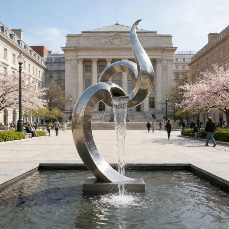Abstract Twisted Loop Mirror Polished Stainless Steel Waterfall Sculpture Fountain Custom Outdoor Art Decor Public Park Square