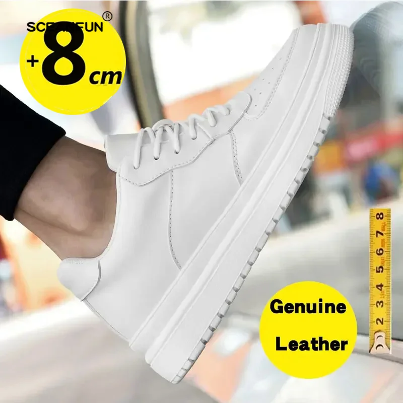 Genuine leather men sneakers elevator shoes man breathable height increasing shoes increase insole 8cm taller lift skateboard sh