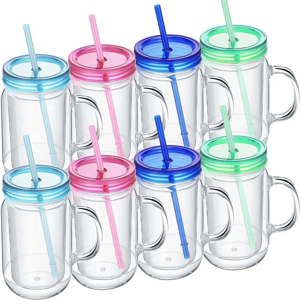 

Plastic Mason Jars with Handles Lids and Straws 20 Oz Transparent Double Insulated Sippy Coffee Cup for Summer Juice Drinkware