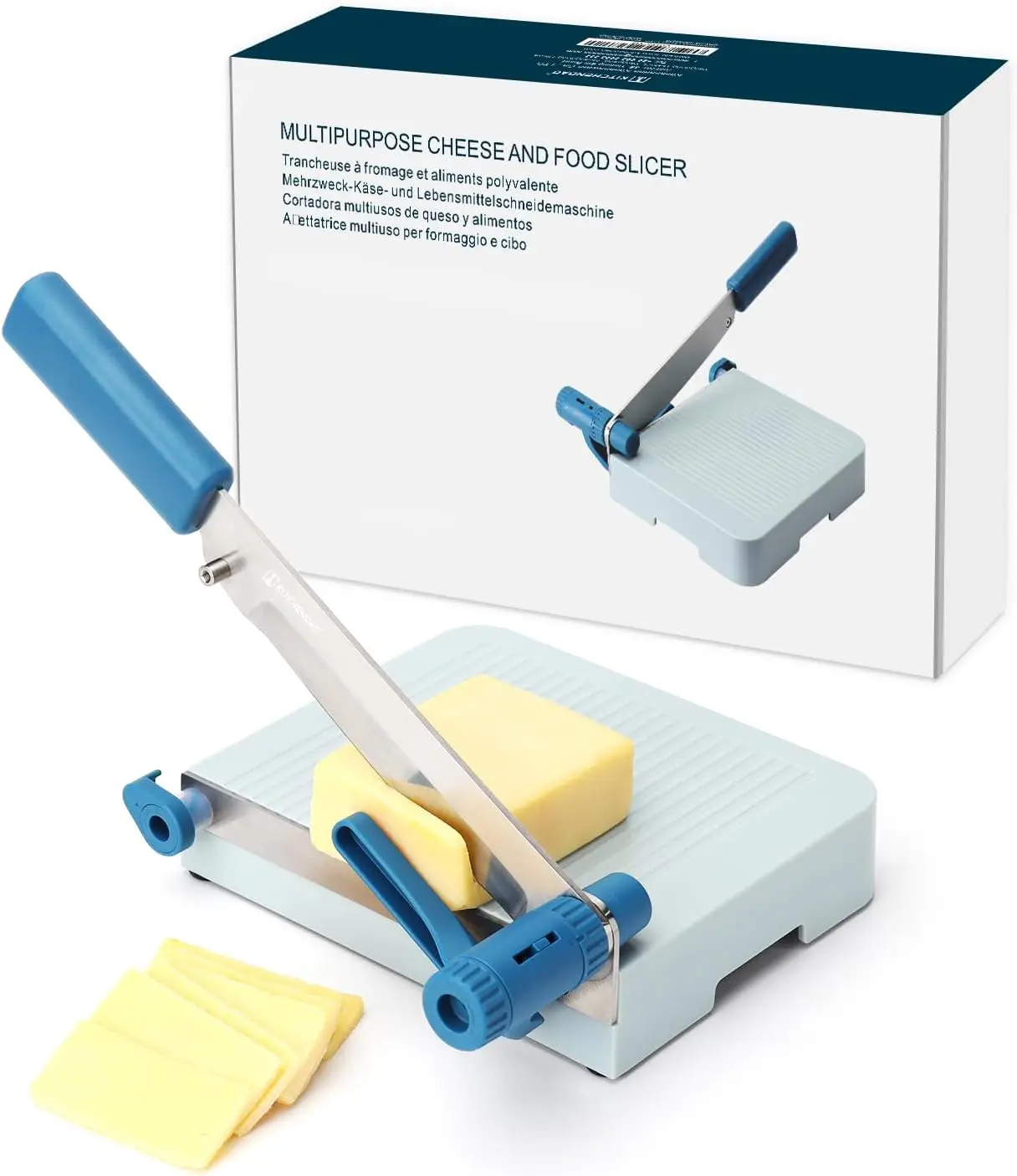 

Multipurpose Cheese Slicer Cutter with Board for Arthritic and Weak Hands, Adjustable Thickness Dial for Block Cheese