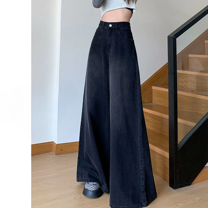 

Washed black gray large size wide-leg jeans women spring summer wear high-rise loose swing pants mopping denim trousers XT1471