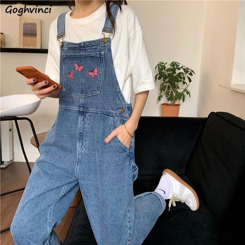 

Denim Jumpsuits Women Lovely Girls Animal Embroidery Loose Retro Classic Pockets Streetwear Hipster Teenagers Ankle Length New