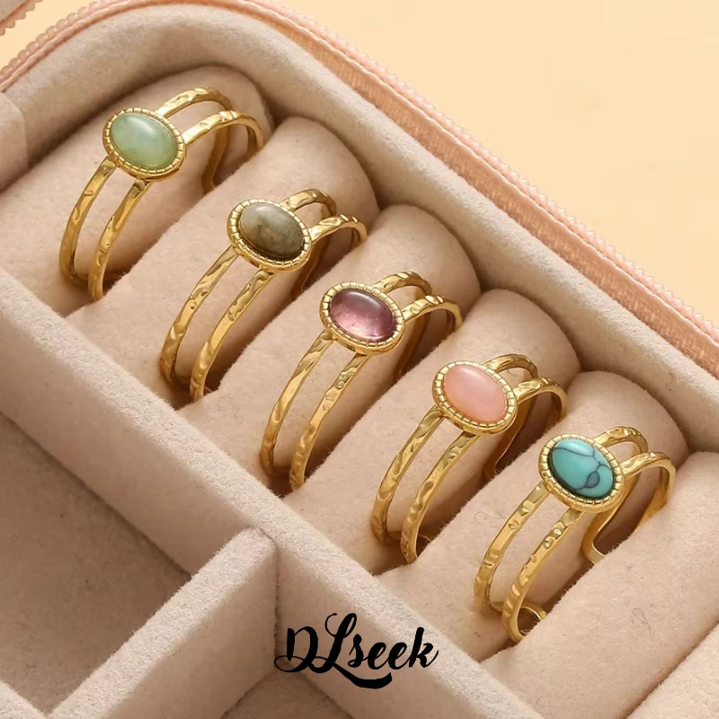 Trendy Vintage Colorful Geomstone Ring Gold Plated Opening Cuff Stainless Steel Natural Stone Ring Fashion Jewelry Gift Party