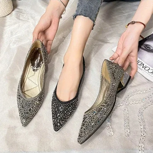 

Women Shoes Temperament Pointe Shallow Mouth Single Shoes Luxury Glittering Rhinestone Casual Flats Fashion Banquet Party Shoes