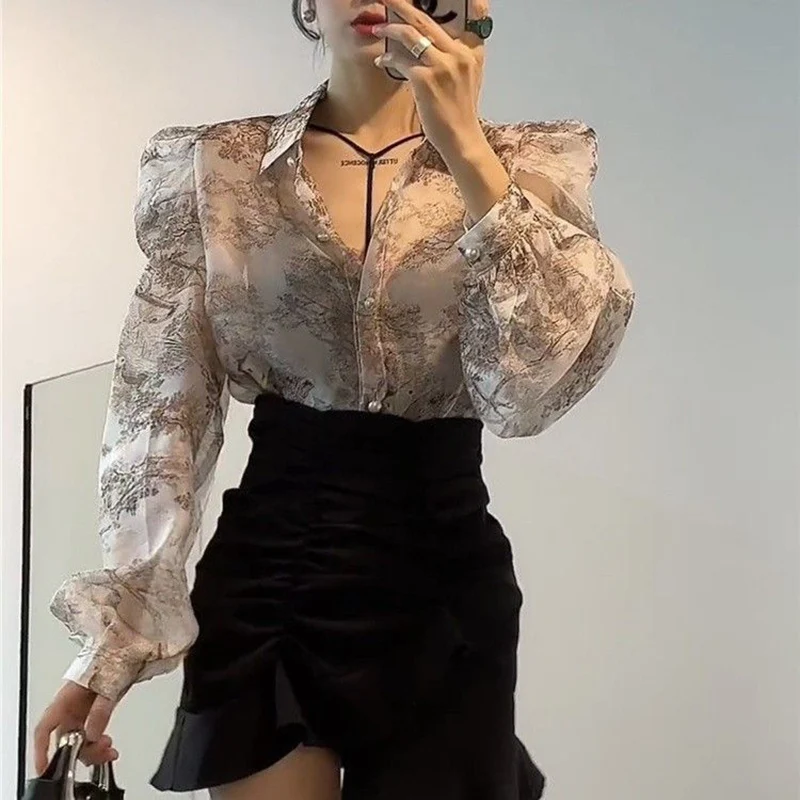 

Autumn Winter Loose Casual Tops Office Lady Blouses Vintage Printed Lapel Button Puff Sleeve Shirts Women's Clothing 2025